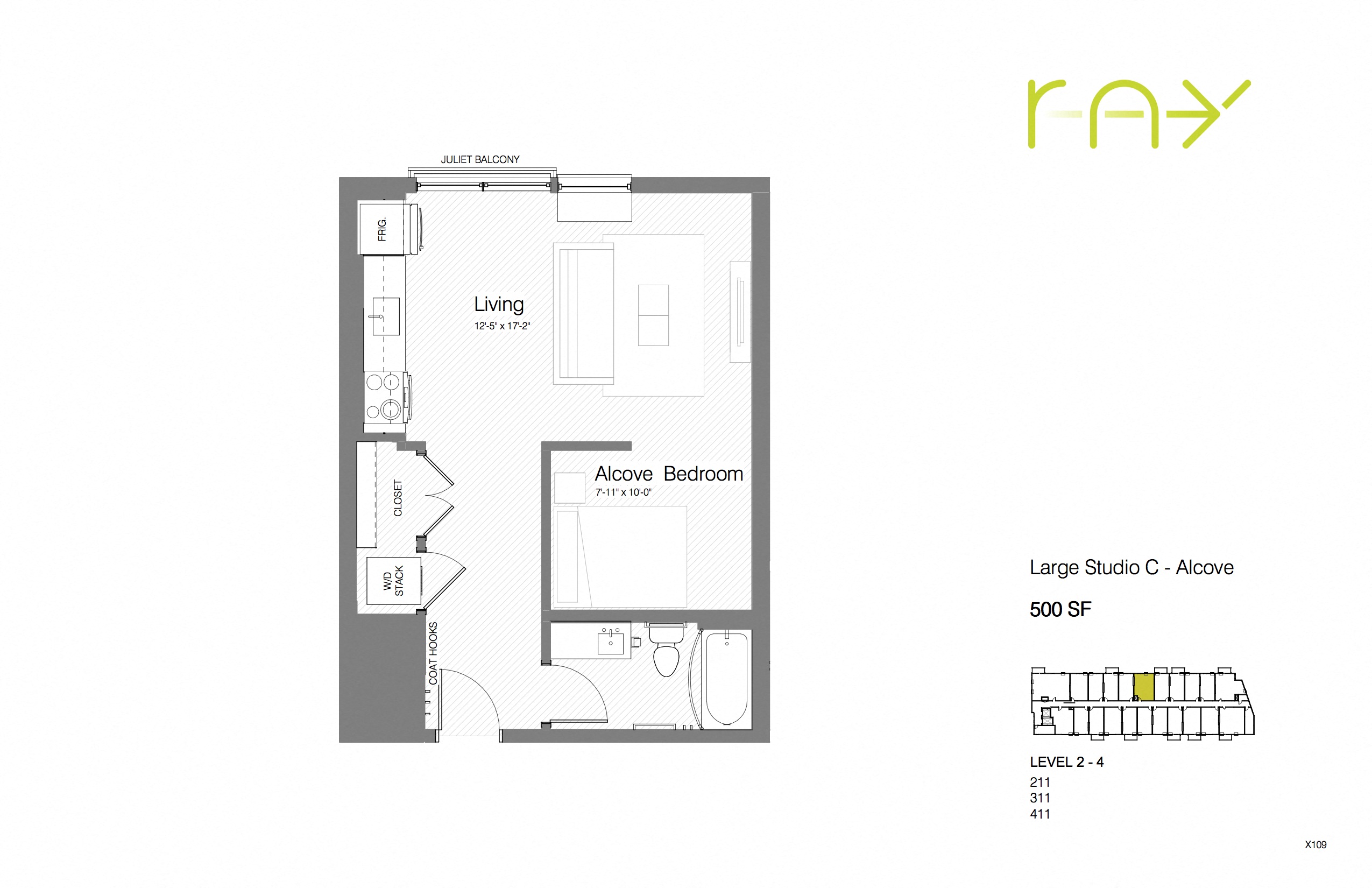 Floor plan for studio, 1 bath, 500 sqft